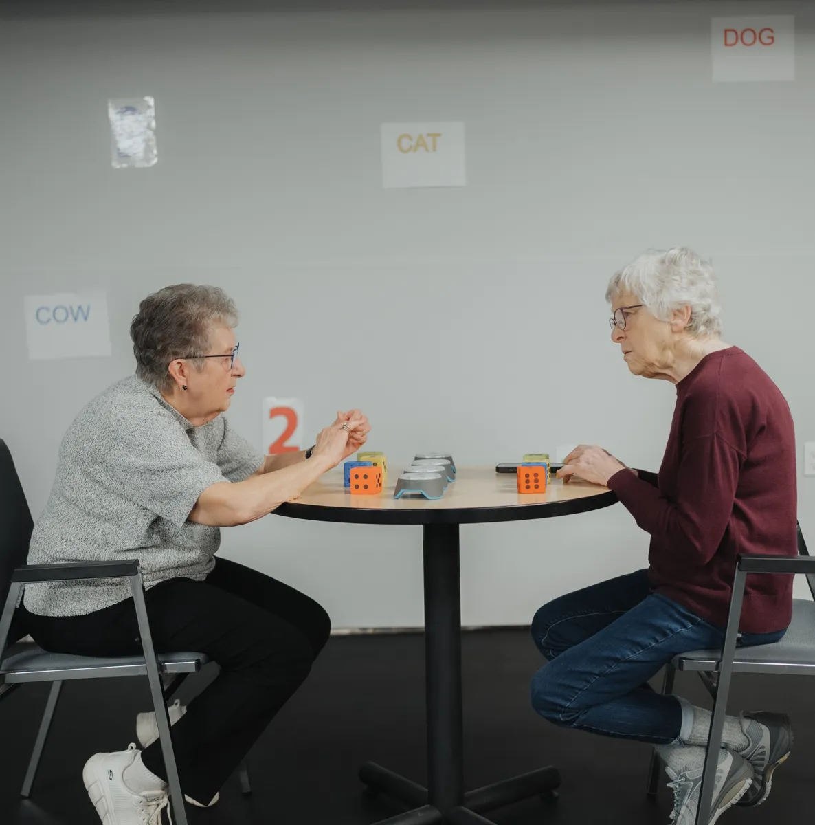 Two seniors doing a cognitive visual training exercise at a table