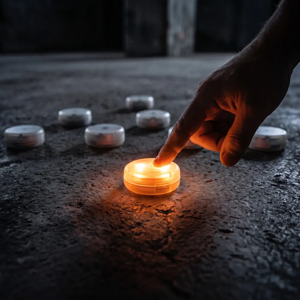 A finger pressing a lit orange reaction pod